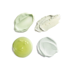Four different green and white cosmetic product swatches on a white background