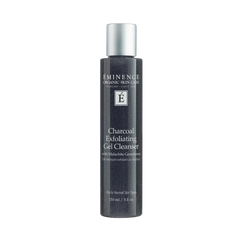 charcoal exfoliating gel cleanser by eminence, tall skinny bottle with black liquid