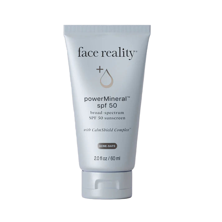 Tube of face reality powerMineral SPF 50 sunscreen on a white background