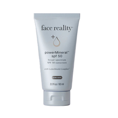 Tube of face reality powerMineral SPF 50 sunscreen on a white background