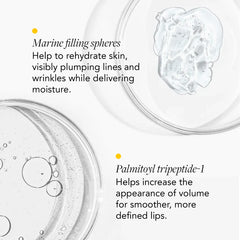 Cosmetic product with text about marine filling spheres and palmitoyl tripeptide-1 benefits.