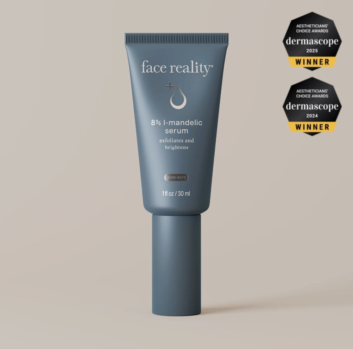 Face Reality 8% L-Mandelic Serum tube on a beige background with awards displayed.