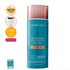 Colorescience Sunforgettable Total Protection Face Shield Flex bottle with awards on a white background