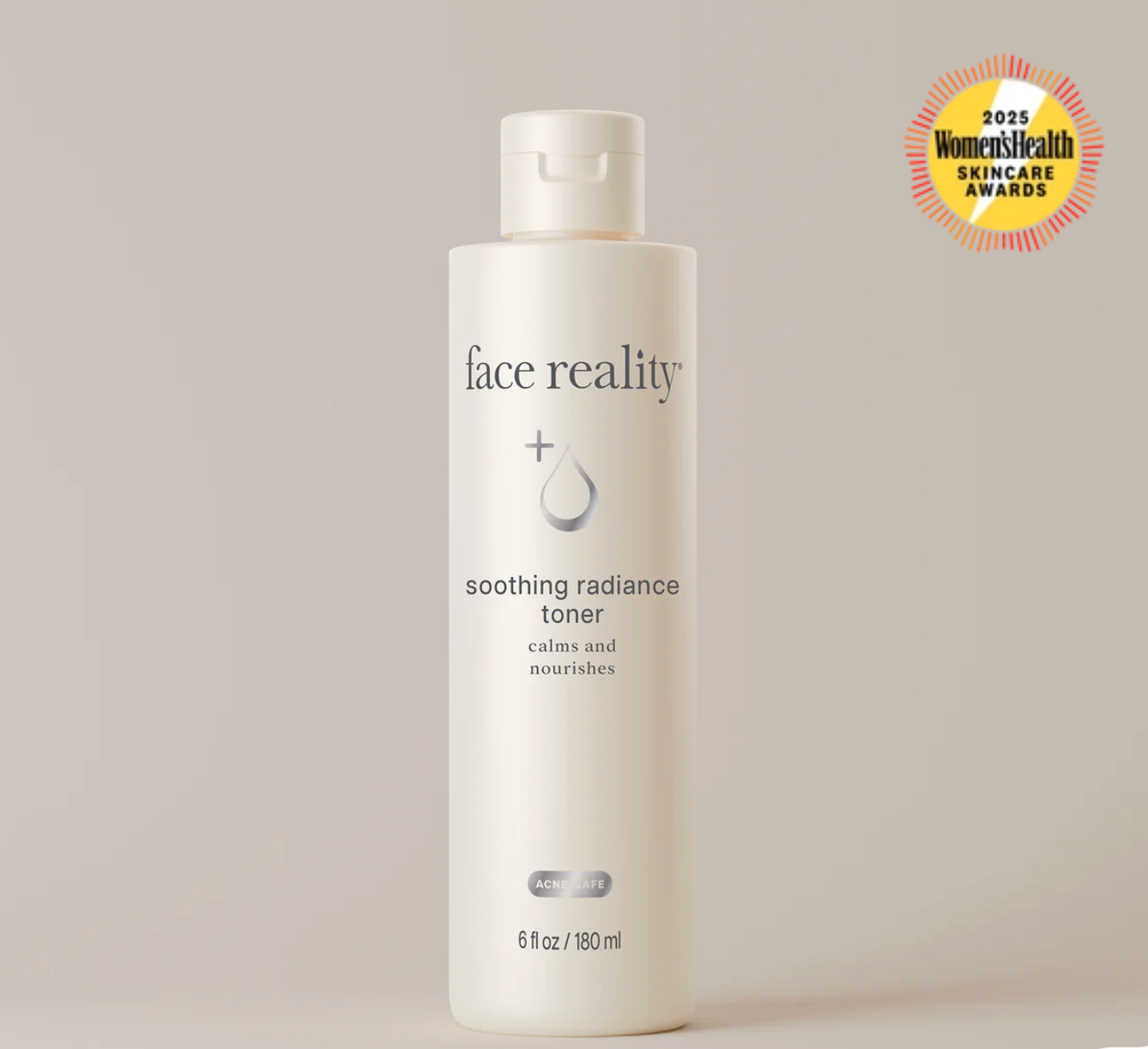 Bottle of 'face reality' toner with a Women's Health Skin Care Award badge on a light gray background