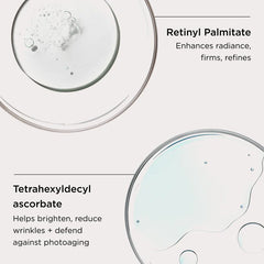 Two glass containers with skincare product and text about Retinyl Palmitate and Tetrahexyldecyl ascorbate.