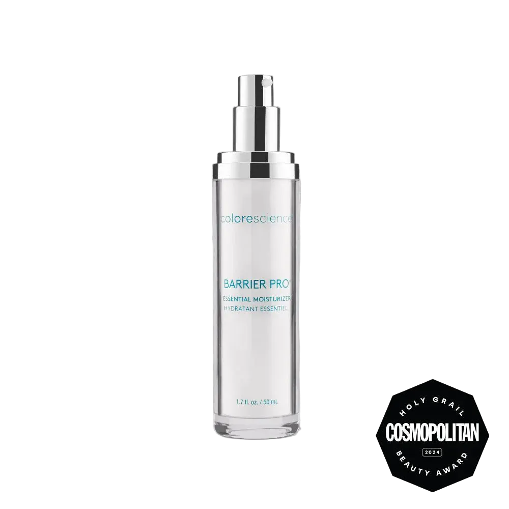 Skincare bottle labeled 'Barrier Pro' with a 'Cosmopolitan' award badge on a white background