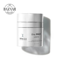 Skincare cream jar labeled 'the MAX crème' by IMAGE Skincare with BAZAAR logo on a white background
