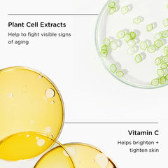 Close-up of yellow liquid droplets with green plant cells on a white background, highlighting plant cell extracts and vitamin C benefits.